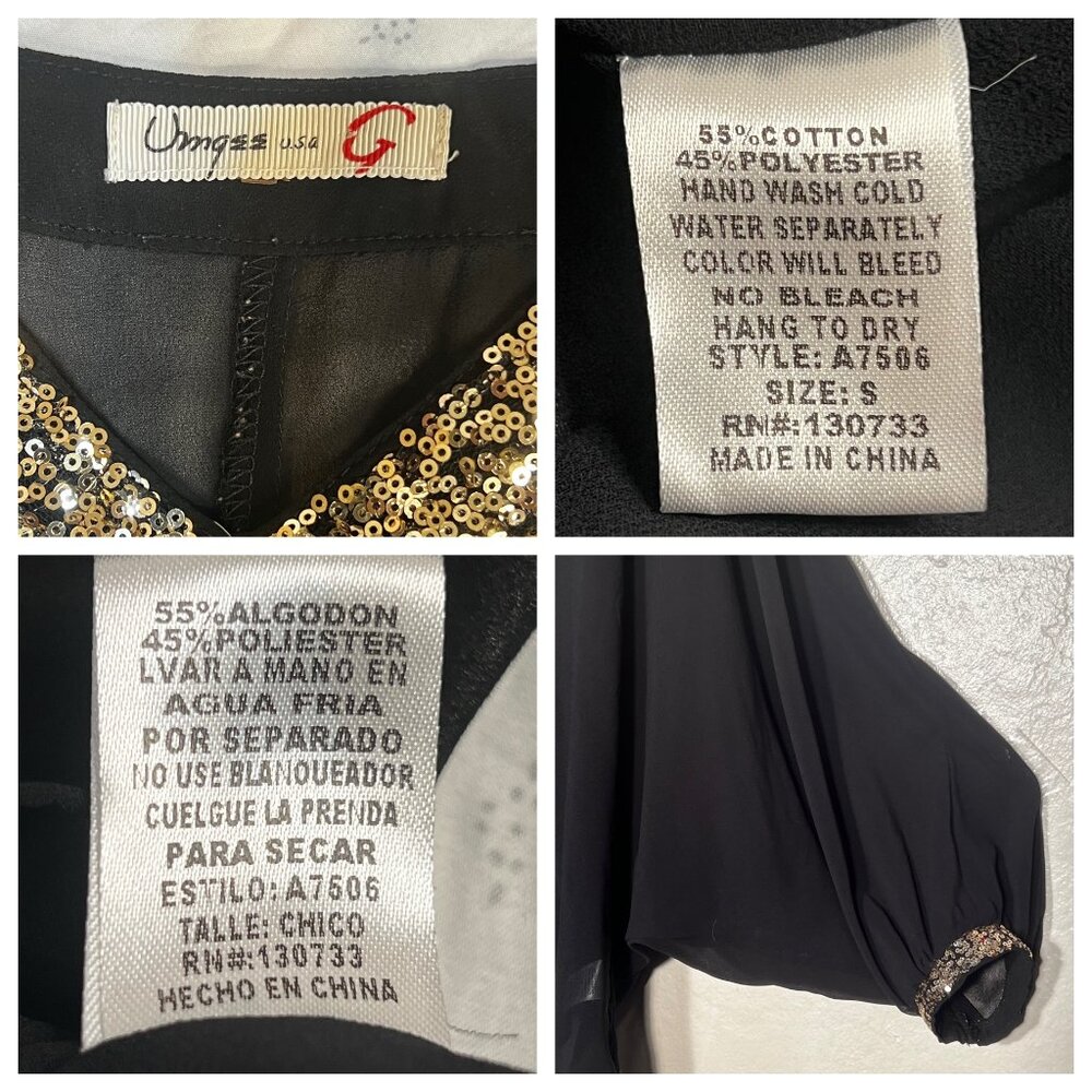 Umgee S Black Batwing Gold Sequin Top USA Sheer Layering Fairy Goth Whimsical - Picture 11 of 16